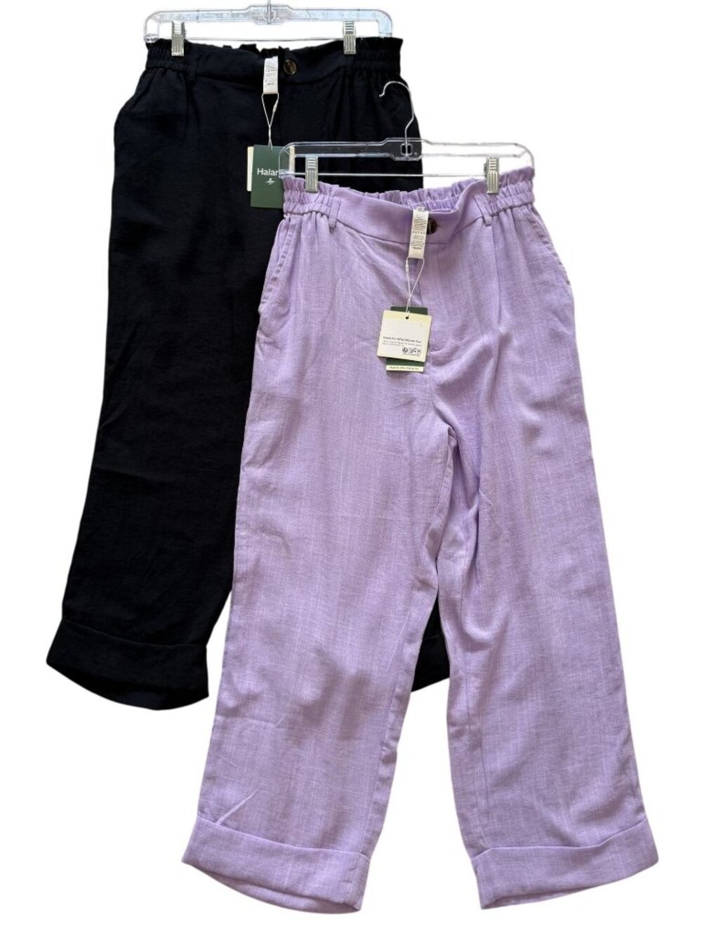 Halara Cropped High Waist Pants Elastic Waist Zip Button M Lavender Black 2 NWT